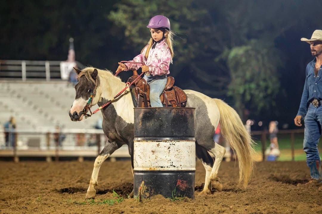 A young rider in a helmet walking her paint pony around the barrel
